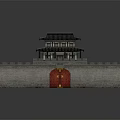 Cartoon Scene of Traditional Chinese Gate Tower With Two Story Red Gate and City Wall