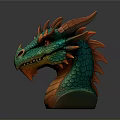 Vibrant Dragon Head Sculpture With Horns Spikes And Green Orange Design