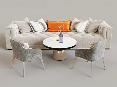 Light Beige Sofa Round Coffee Table Set with Orange Accent Pillow Vase and Gray Chairs 3d model