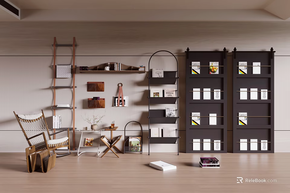 Modern Open Bookcase Interior Design With Multiple Shelves Armchair Side Table And Books 3d model 