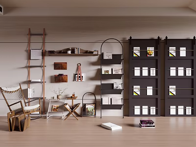 Modern Open Bookcase Interior Design With Multiple Shelves Armchair Side Table And Books 3d model
