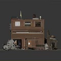 Vintage Wooden Furniture Collection With Piano Stool Chair And Crates On Planks