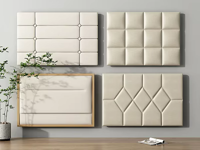Upholstered Bed Backdrop Wall In Neutral Beige With Various Stitching Patterns And Indoor Plants 3d model