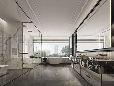 Elegant Modern Bathroom Interior With Marble Glass Shower Enclosure Bathtub Large Mirror And Double Vanity 3d model
