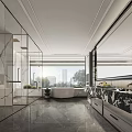 Elegant Modern Bathroom Interior With Marble Glass Shower Enclosure Bathtub Large Mirror And Double Vanity