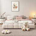 Cozy Kids Bed with Pink Grey Pillows Teddy Bear and Nightstand Lamp