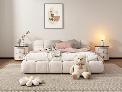 Cozy Kids Bed with Pink Grey Pillows Teddy Bear and Nightstand Lamp 3d model