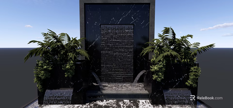 Outdoor Water Feature Wall With Flowing Water And Black Stone Structure Surrounded By Green Plants 3d model 