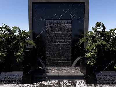 Outdoor Water Feature Wall With Flowing Water And Black Stone Structure Surrounded By Green Plants 3d model