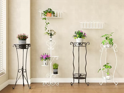 Decorative Metal Plant Shelves With Multiple Tiers Holding Green Plants For Indoor Decoration 3d model