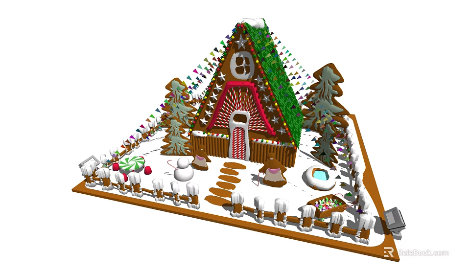 Festive Gingerbread House Photo Spot With Christmas Trees Decorative Lights And Snowman 3d model 