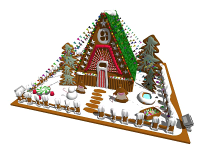 Festive Gingerbread House Photo Spot With Christmas Trees Decorative Lights And Snowman 3d model