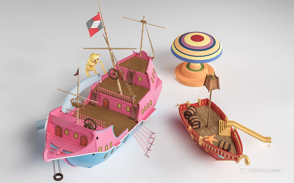 Pink Toy Yacht With Wooden Deck Small Boat Colorful Umbrella And Figure 3d model 