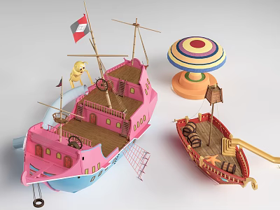 Pink Toy Yacht With Wooden Deck Small Boat Colorful Umbrella And Figure 3d model