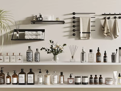Stylish Bathroom Accessories With Floating Shelves Towel Racks Decorative Bottles And Green Plant 3d model