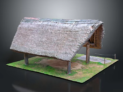 Traditional Thatched Roof Building With Wooden Pillars And Grass Ground 3d model