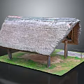 Traditional Thatched Roof Building With Wooden Pillars And Grass Ground