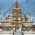Traditional Garden Ornament Featuring Golden Roof Prayer Flags And Stone Steps By Water
