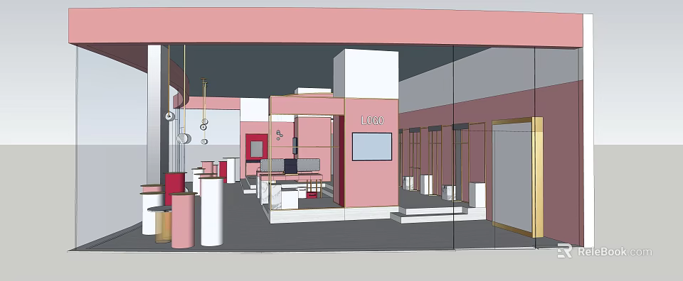 Pink And White Themed Store Interior Design With Display Cabinets Lighting And Logo Sign 3d model 