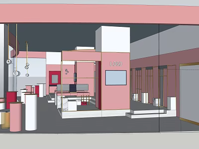 Pink And White Themed Store Interior Design With Display Cabinets Lighting And Logo Sign 3d model