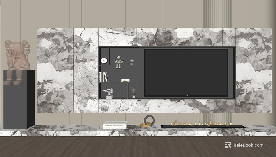 Elegant Modern TV Background Wall With Marble Texture Decorative Shelves And Flat Screen TV 3d model