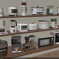 Various Types of Kitchen Appliances on Wooden Shelves in Modern Kitchen