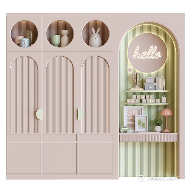 Pastel Wardrobe With Arched Doors Circular Top Compartments Neon Hello Sign And Decorative Shelving 3d model 