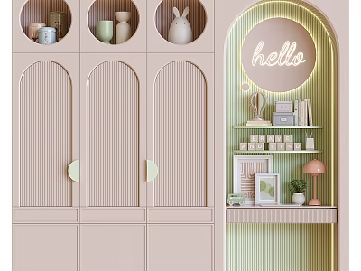 Pastel Wardrobe With Arched Doors Circular Top Compartments Neon Hello Sign And Decorative Shelving 3d model