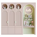 Pastel Wardrobe With Arched Doors Circular Top Compartments Neon Hello Sign And Decorative Shelving