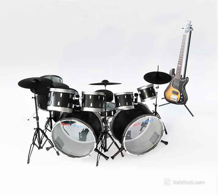 Musical Instruments And Art Supplies Featuring Drum Set And Guitar 3d model 