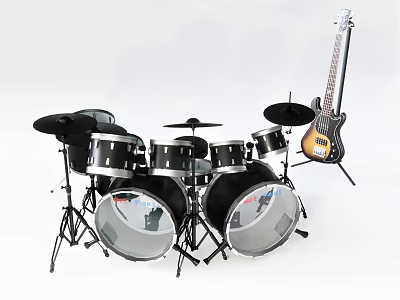 Musical Instruments And Art Supplies Featuring Drum Set And Guitar 3d model