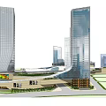 Modern Urban Office Buildings With Glass Curtain Walls And Green Spaces