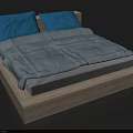 Modern Bed with Blue Pillows Gray Quilt and Wooden Frame 3d model