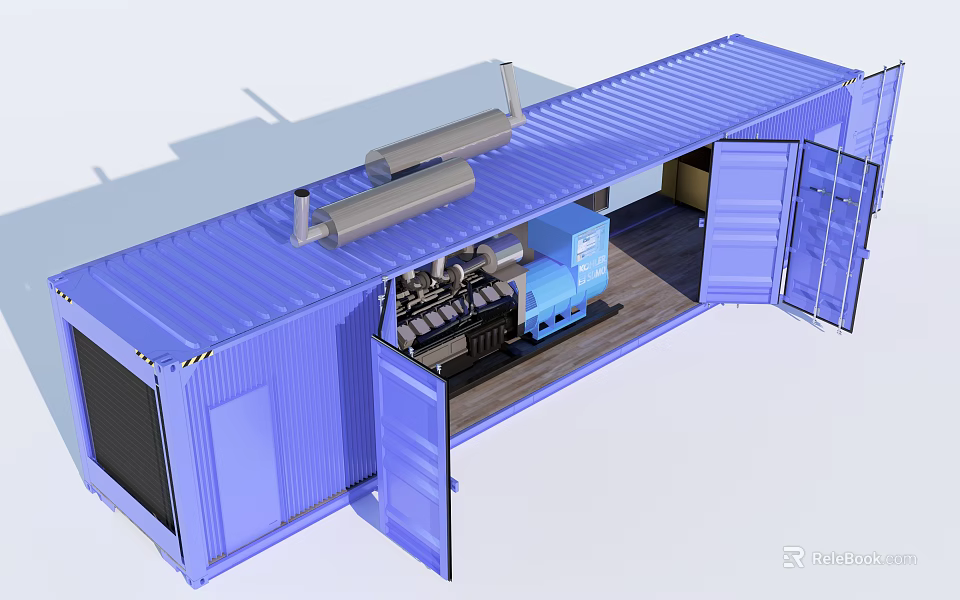 Modified Blue Shipping Container With Open Doors And Interior Equipment Structure 3d model