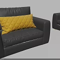 Single Seater Black Leather Sofa With Yellow Cushion Modern Design Pair 3d model