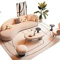 Beige Curved Sofa and Coffee Table Set with Pillows Floor Lamp and Green Plant