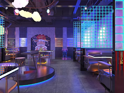 Modern Bar Interior With Neon Lights Counter Tables And Seating Area 3d model