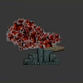 Blue Stone Building Structures With Green Pool Red Leaved Tree Grass And Scattered Red Petals