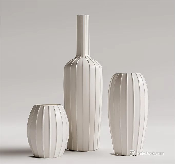 Three White Striped Ceramic Vases with Different Sizes for Modern Interior Decor 3d model 
