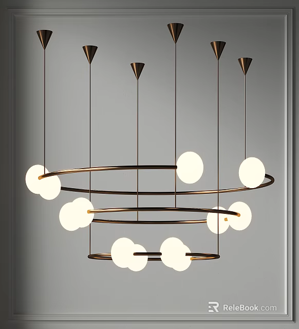 Modern Double Layer Circular Chandelier With Golden Frames And White Spherical Bulbs 3d model
