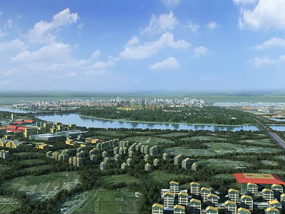 Aerial Planning of Urban Layout With River Green Spaces and Residential Buildings 3d model
