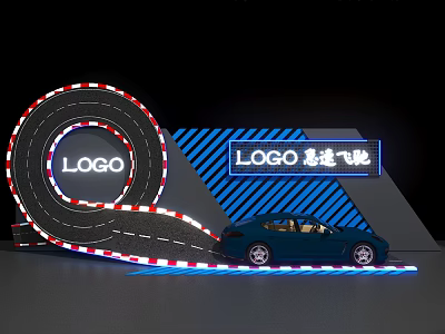 Modern Display Shelf Showcasing Blue Sports Car On Spiral Track With Neon Logo Sign 3d model