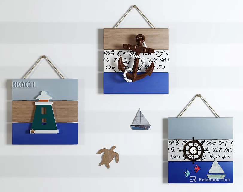 Beach Themed Wall Decor With Wooden Anchor Lighthouse Sailboat Turtle Design 3d model 