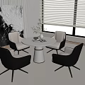 Modern Dining Table And Chair Set With Round White Table Leather Chairs Abstract Painting And Window Blinds