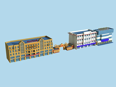 Exterior View of Yellow Multi Storey Building With White Blue Structure And Red Gatehouse 3d model