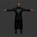 Bald Man In Black Leather Coat With Sunglasses And Arms Outstretched On Gray Background