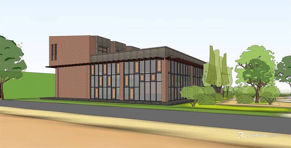 Modern Red Brick Building With Large Glass Windows And Surrounding Trees Greenery 3d model
