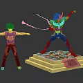 Two Blue Haired Characters In Action Poses With Purple Top Red Pants And Statue Base