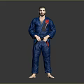 Martial Artist In Blue Judo Uniform With Black Belt And Red Dragon Creature Posing