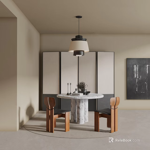 Modern Restaurant Interior With Round Marble Table Two Chairs Hanging Pendant Light And Wall Art 3d model 
